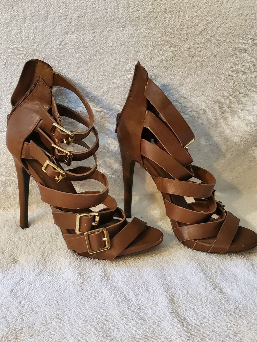 Mossimo Supply Co. Brown Multi-Strap Stiletto Heels with Gold Buckles